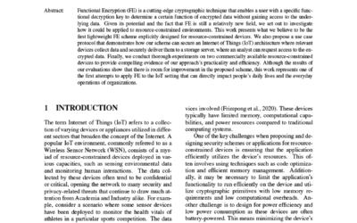 Frimpong E et al. Need for Speed: Leveraging the Power of Functional Encryption for Resource-Constrained Devices Peer-reviewed Epublication, presented at the 9th International Conference on IoT, BigData and Security (IoTBDS’24) 