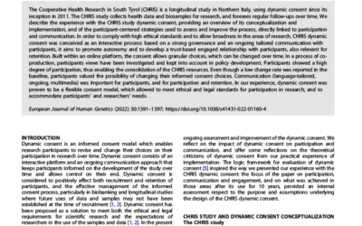 Mascalzoni D et al. Ten years of dynamic consent in the CHRIS study: informed consent as a dynamic process European Journal of Human Genetics. 2022; 30:1391-1397